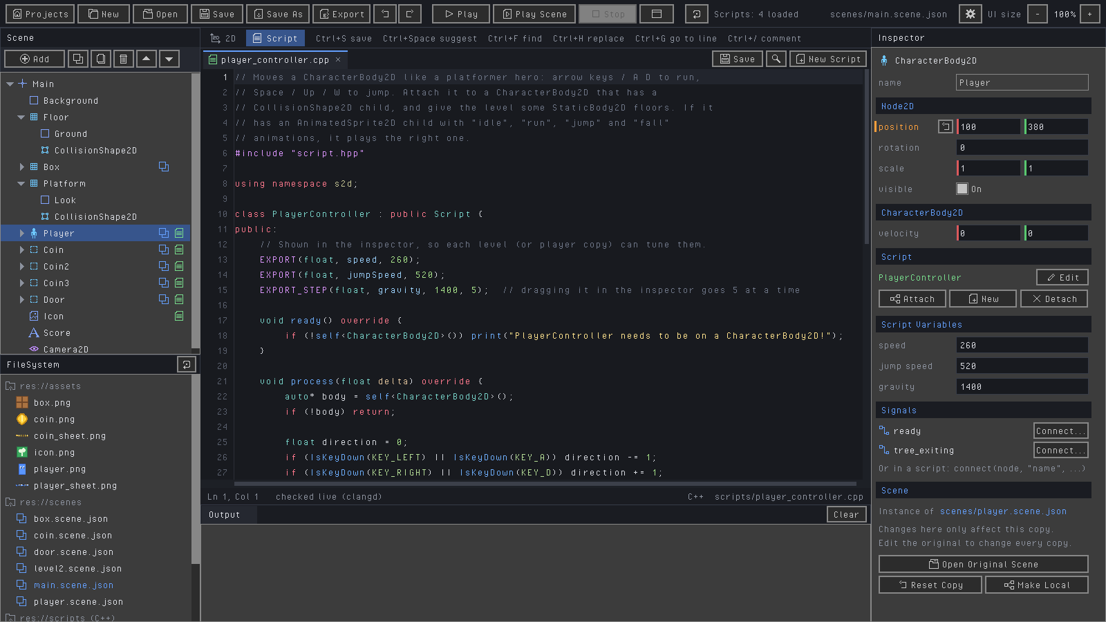 The Sprout Editor's Script tab with a C++ player script open, next to the Inspector.